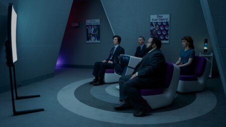 Adam Scott, John Turturro, Zach Cherry e Britt Lower em Ruptura (Reprodução / Apple TV+)
