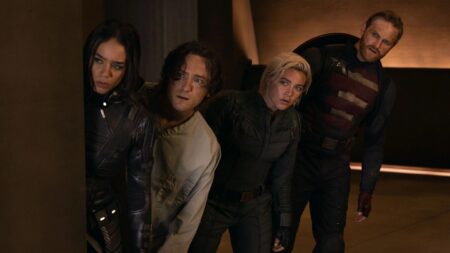 Hannah John-Kamen, Lewis Pullman, Florence Pugh e Wyatt Russell em Thunderbolts* (Reprodução / Marvel)