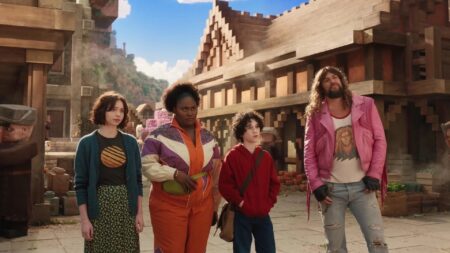 Danielle Brooks, Sebastian Eugene Hansen, Jason Momoa e Emma Myers em cena do trailer de Um Filme Minecraft (Reprodução / Warner Bros.)
