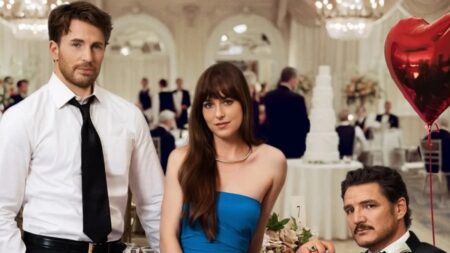 Amores Materialistas: filme com Chris Evans, Dakota Johnson e Pedro Pascal ganha trailer Chris Evans, Dakota Johnson e Pedro Pascal em Amores Materialistas (Reprodução / Sony Pictures)