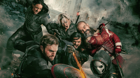 Yelena Belova (Florence Pugh), Bucky Barnes (Sebastian Stan), John Walker (Wyatt Russell), Guardião Vermelho (David Harbour), Fantasma (Hannah John-Kamen) e Treinadora (Olga Kurylenko) em Thunderbolts*