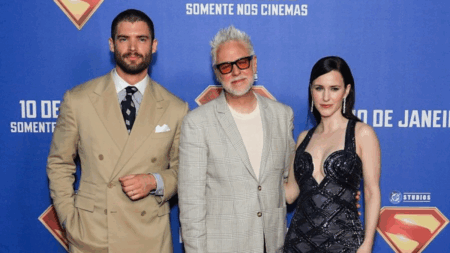 David Corenswet, James Gunn e Rachel Brosnahan em evento de Superman no Rio de Janeiro