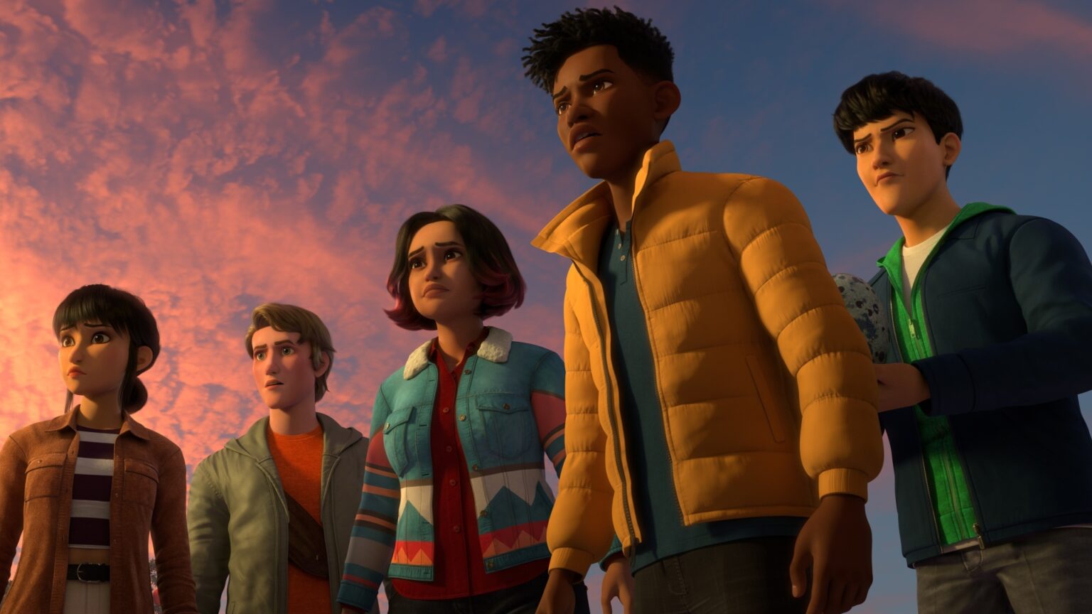 Ben, Sammy, Yasmina, Darius e Kenji em Jurassic World: Teoria do Caos (Reprodução / Netflix)