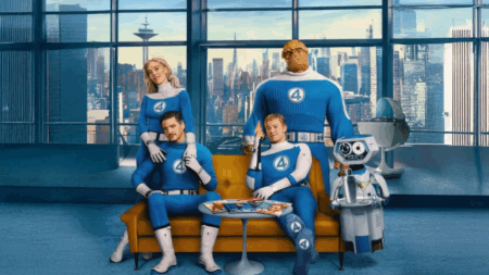 Saiba quando começa a pré-venda de Quarteto Fantástico: Primeiros Passos Vanessa Kirby, Pedro Pascal, Joseph Quinn e Ebon Moss-Bachrach em Quarteto Fantástico: Primeiros Passos (Divulgação / Marvel Studios)