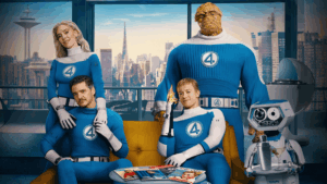 Quarteto Fantástico segue em 1° lugar nos cinemas brasileiros; saiba mais Pedro Pascal, Vanessa Kirby, Joseph Quinn e Ebon moss-Bacharach em Quarteto Fantástico: Primeiros Passos (Divulgação / Marvel)