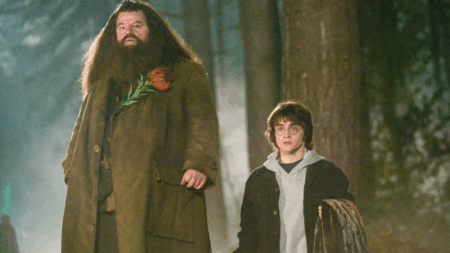 Robbie Coltrane como Hagrid e Daniel Radcliffe como Harry Potter (Reprodução / Warner Bros.)