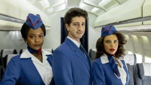 Eli Ferreira, Johnny Massaro Bruna Linzmeyer em Máscaras de Oxigênio Não Cairão Automaticamente (Divulgação/HBO Max)