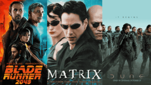 Montagem com pôsteres dos filmes de ficção científica Blade Runner 2049, Matrix e Duna, destacando personagens principais em clima futurista.