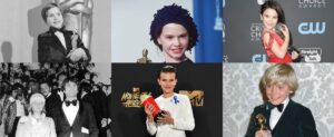 Montagem com seis jovens atores premiados em diferentes épocas: Tatum O’Neal, aos 10 anos, segurando o Oscar de Melhor Atriz Coadjuvante em 1974; Anna Paquin, aos 11 anos, com o Oscar de Melhor Atriz Coadjuvante em 1994; Brooklynn Prince, aos 7 anos, sorrindo com o Critics’ Choice Award em 2018; Jodie Foster, aos 13 anos, ao lado de Robert De Niro no Festival de Cannes de 1976, quando recebeu o prêmio de Melhor Atriz Jovem; Millie Bobby Brown, aos 13 anos, segurando o troféu do MTV Movie & TV Awards em 2017 por Stranger Things; e Ricky Schroder, aos 9 anos, sorridente com o Globo de Ouro de Melhor Novo Ator do Ano em 1980 pelo filme The Champ.
