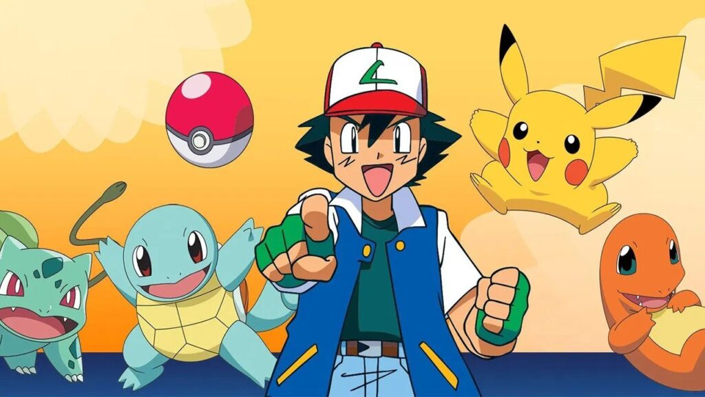 Ash e seus Pokémon, incluindo Pikachu, Charmander, Squirtle e Bulbasaur, na cena de abertura do anime Pokémon