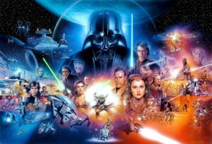 Ordem para assistir Star Wars: o guia definitivo Montagem artística da saga Star Wars, mostrando Darth Vader ao centro com sabre de luz azul e personagens icônicos como Luke Skywalker, Princesa Leia, Han Solo, Obi-Wan Kenobi, Padmé, Anakin Skywalker e Yoda, além de batalhas espaciais, naves e cenários clássicos da franquia.