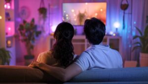 Filmes baseados em fatos reais: os mais marcantes e onde assistir Casal assistindo televisão em casa, aproveitando juntos filmes baseados em fatos reais em um ambiente aconchegante.