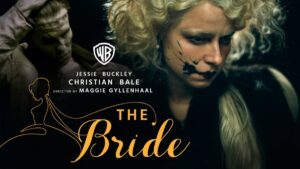 A Noiva! ganha pôster e teaser com estética gótica e ousada Pôster do filme “The Bride” (2026) dirigido por Maggie Gyllenhaal, mostrando Jessie Buckley como a Noiva de Frankenstein, em close dramático com maquiagem sombria e mancha escura no rosto; ao fundo, em segundo plano, aparece Christian Bale como o Monstro de Frankenstein, parcialmente coberto por sombras. O título do filme e os créditos principais estão destacados em letras douradas.