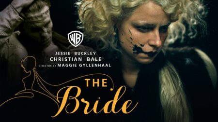 A Noiva! ganha pôster e teaser com estética gótica e ousada Pôster do filme “The Bride” (2026) dirigido por Maggie Gyllenhaal, mostrando Jessie Buckley como a Noiva de Frankenstein, em close dramático com maquiagem sombria e mancha escura no rosto; ao fundo, em segundo plano, aparece Christian Bale como o Monstro de Frankenstein, parcialmente coberto por sombras. O título do filme e os créditos principais estão destacados em letras douradas.