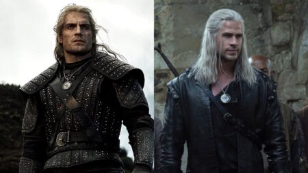Henry Cavill e Liam Hemsworth como Geralt de Rívia em cenas de The Witcher lado a lado