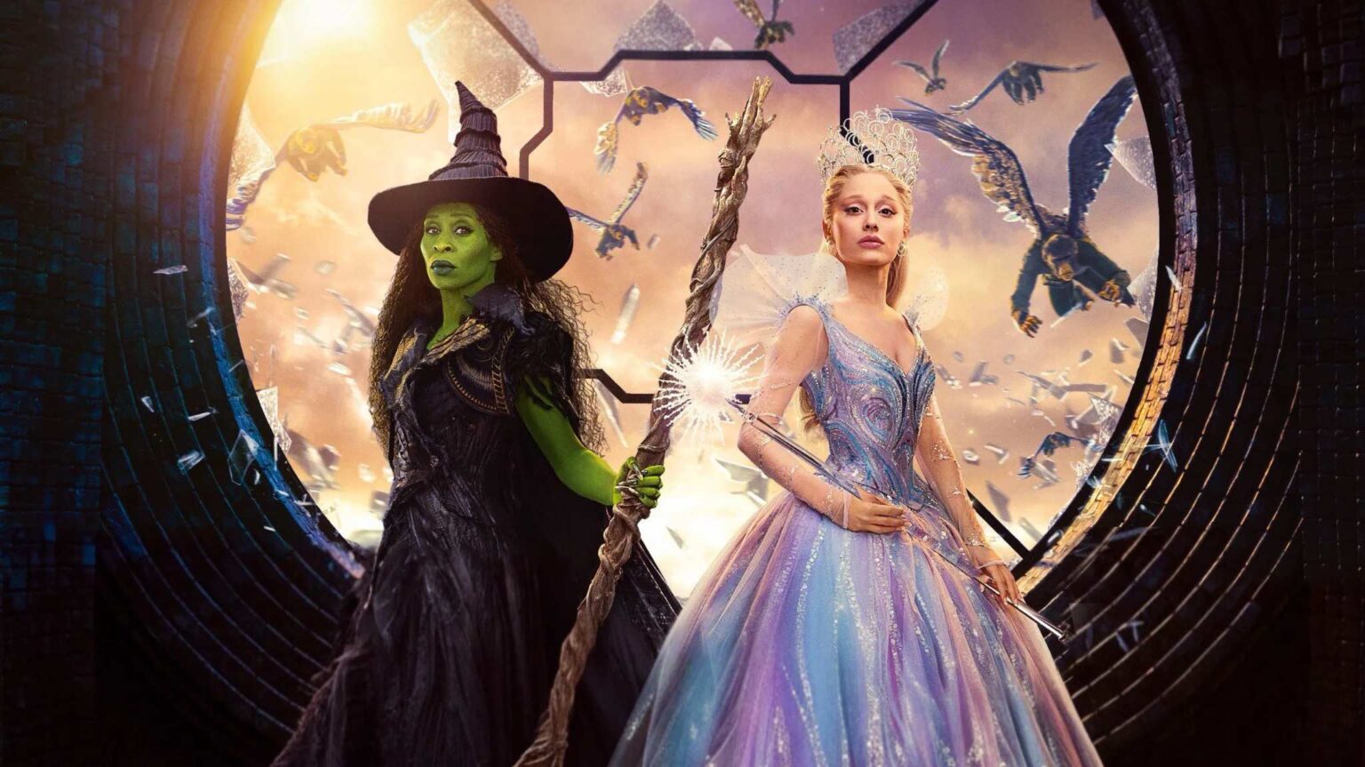 Wicked 2 ganha prévia emocionante com Elphaba e Glinda em destaque Elphaba e Glinda lado a lado em pôster oficial de Wicked: Parte 2, com cenário mágico ao fundo.