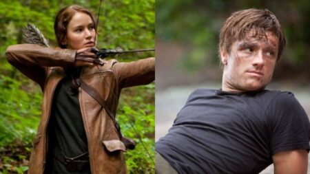 Jennifer Lawrence e Josh Hutcherson são Katniss Everdeen e Peeta Melark em Jogos Vorazes.