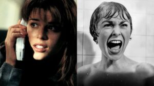 Melhores filmes de terror: obras imperdíveis para fãs do gênero Montagem com cenas de Psicose (1960) e Pânico (1996), dois clássicos que marcaram a história do terror.