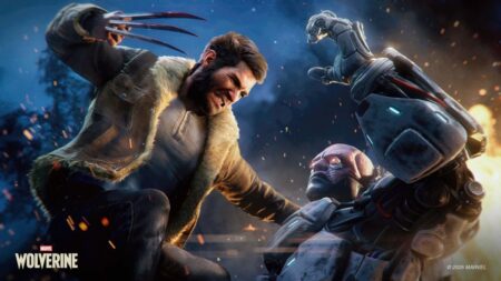 Cena de ação do jogo Marvel’s Wolverine (2026) mostrando o personagem Wolverine, inspirado no ator Liam McIntyre, vestindo jaqueta marrom com gola de pele, golpeando um ciborgue caído no chão com suas garras de adamantium em destaque, sob um fundo de chamas e faíscas.