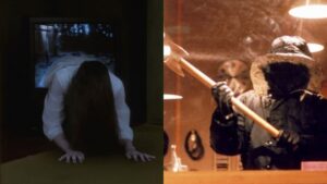 Montagem com duas cenas de filmes de terror: à esquerda, uma mulher de cabelos longos e molhados rasteja para fora de uma televisão, referência à lenda japonesa da fita amaldiçoada em Ring – O Chamado (1998); à direita, uma figura encapuzada empunha um machado em um ambiente escuro, aludindo às lendas urbanas retratadas em Lenda Urbana (1998)