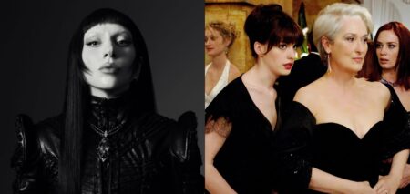 Lady Gaga em retrato em preto e branco e cena de O Diabo Veste Prada com Anne Hathaway, Meryl Streep e Emily Blunt.