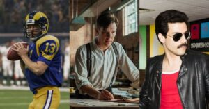 Filmes baseados em fatos reais emocionantes para assistir e se inspirar Cenas de três filmes baseados em fatos reais emocionantes. Montagem com jogador de futebol americano, cientista em escritório e cantor de rock de bigode e jaqueta.