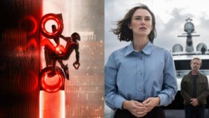 Lançamentos da semana: novidades da Netflix aos cinemas Montagem com duas cenas: à esquerda, um motociclista futurista em uma moto vermelha de luz, e à direita, uma mulher de camisa azul em um barco, com um homem ao fundo.