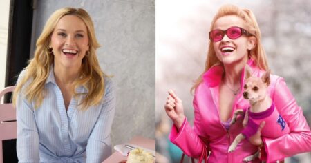 Reese Witherspoon revisita Harvard duas décadas após Legalmente Loira e brinca: ‘Foi difícil?’ Reese Witherspoon em montagem que compara sua visita recente a Harvard com a personagem Elle Woods em Legalmente Loira