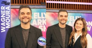 Wagner Moura promove O Agente Secreto em talk show de Kelly Clarkson; veja Wagner Moura sorri nos bastidores do The Kelly Clarkson Show e posa ao lado da apresentadora em cenário colorido do programa.