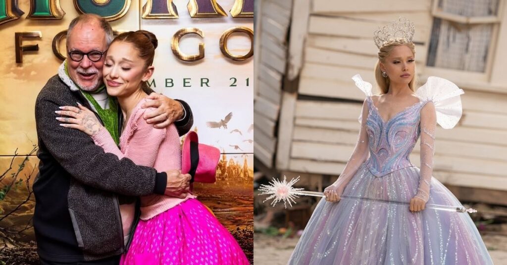 Autor de Wicked anuncia nova obra focada em Glinda; saiba detalhes Montagem com Gregory Maguire abraçando Ariana Grande em evento e a atriz caracterizada como Glinda em Wicked segurando o cetro.