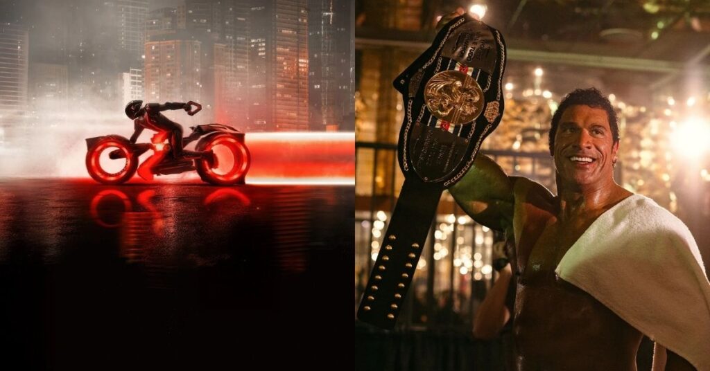 Bilheteria de outubro tem pior resultado em quase 30 anos; entenda o motivo Montagem com cenas dos filmes Tron: Ares e Coração de Lutador; à esquerda, moto futurista em trilha de luz vermelha, e à direita, lutador ergue cinturão dourado em ringue iluminado.