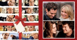 Montagem com personagens de dois filmes natalinos: à esquerda, cenas de Simplesmente Amor organizadas como se fossem um presente embrulhado com fita vermelha; à direita, dois casais sorrindo em momentos românticos do filme O Amor Não Tira Férias, sobre fundo vermelho texturizado.