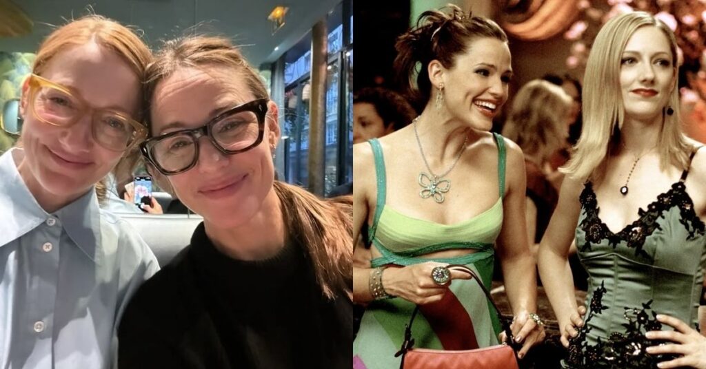 Montagem mostra Jennifer Garner e Judy Greer sorrindo em foto recente e em cena do filme De Repente 30
