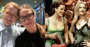 Montagem mostra Jennifer Garner e Judy Greer sorrindo em foto recente e em cena do filme De Repente 30