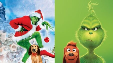 Imagens promocionais do elenco de O Grinch, mostrando o personagem verde em versão clássica e animada ao lado de um cachorro.