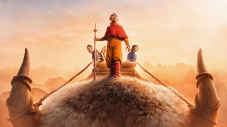 Aang, Katara e Sokka viajam sobre Appa em cena de Avatar: O Último Mestre do Ar, série live-action da Netflix