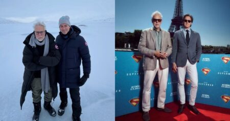Após venda da Warner, James Gunn e Peter Safran garantem continuidade do DCU; entenda James Gunn e Peter Safran, responsáveis pela DCU, aparecem juntos em dois cenários, um em ambiente gelado e outro em evento de divulgação de Superman em Paris, diante da Torre Eiffel.