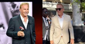 Ator Kevin Costner posa em evento e circula ao ar livre usando ternos claros e escuros em registros recentes