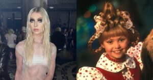 Montagem mostra Taylor Momsen adulta em evento recente e, ao lado, a atriz ainda criança caracterizada como Cindy Lou Who em cena do filme O Grinch