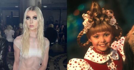 Atriz de O Grinch revisita figurino original 25 anos depois Montagem mostra Taylor Momsen adulta em evento recente e, ao lado, a atriz ainda criança caracterizada como Cindy Lou Who em cena do filme O Grinch