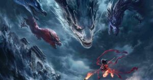 Arte promocional de Ne Zha 2 mostra personagem empunhando lança cercado por dragões em meio a um cenário de fantasia e tempestade, um dos filmes mais populares de 2025