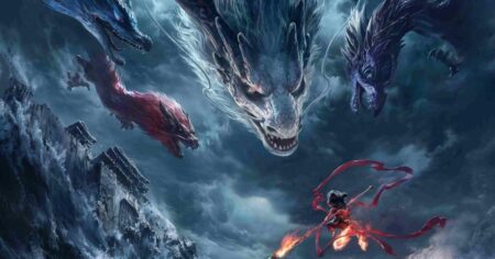 Filmes mais populares de 2025: bilheteria, crítica e público Arte promocional de Ne Zha 2 mostra personagem empunhando lança cercado por dragões em meio a um cenário de fantasia e tempestade, um dos filmes mais populares de 2025