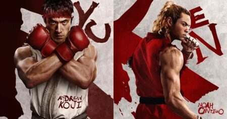 Andrew Koji como Ryu e Noah Centineo como Ken Masters em pôster oficial do filme Street Fighter, com visual inspirado nos personagens clássicos do game