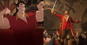 Gaston ganha filme solo em live-action e Disney aposta em nova abordagem Comparação entre a versão animada e a versão em live-action do personagem Gaston, com destaque para figurino e postura heroica
