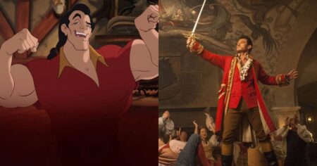 Comparação entre a versão animada e a versão em live-action do personagem Gaston, com destaque para figurino e postura heroica