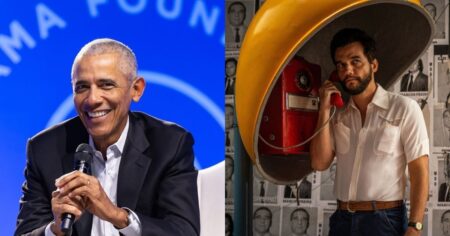 Obama elege O Agente Secreto um de seus filmes favoritos de 2025; saiba mais Montagem mostra Barack Obama sorrindo em evento público e cena do filme O Agente Secreto, com personagem atendendo telefone em cabine amarela.