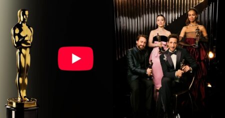 Oscar rompe tradição e leva premiação ao YouTube a partir de 2029 Estatueta do Oscar ao lado do logotipo do YouTube e vencedores da premiação posando com suas estatuetas no palco da cerimônia