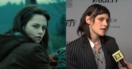 Kristen Stewart como Bella Swan em Crepúsculo e, ao lado, a atriz durante entrevista ao Entertainment Tonight falando sobre a franquia