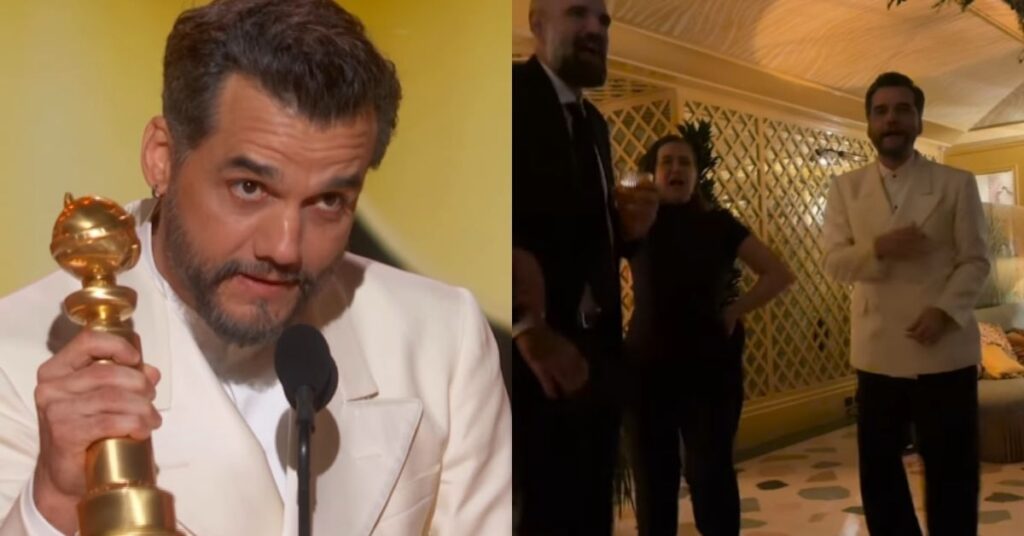 Elenco de O Agente Secreto celebra Globo de Ouro com roda de samba; veja Wagner Moura segura estatueta do Globo de Ouro em cerimônia e aparece depois celebrando com integrantes de elenco de O Agente Secreto em roda de samba após a premiação