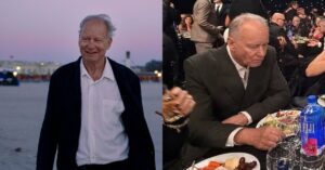 Stellan Skarsgård aparece em montagem com duas fotos, à esquerda caminhando ao ar livre usando camisa branca e casaco escuro, e à direita sentado em um jantar formal vestindo terno, concentrado enquanto segura talheres
